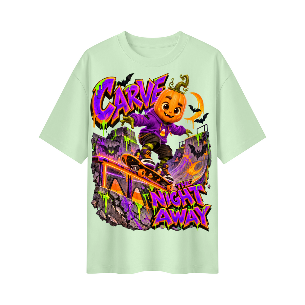 Halloween Pumpkin Skateboard Oversized Graphic T-Shirt - Carve the Night Away - Unisex