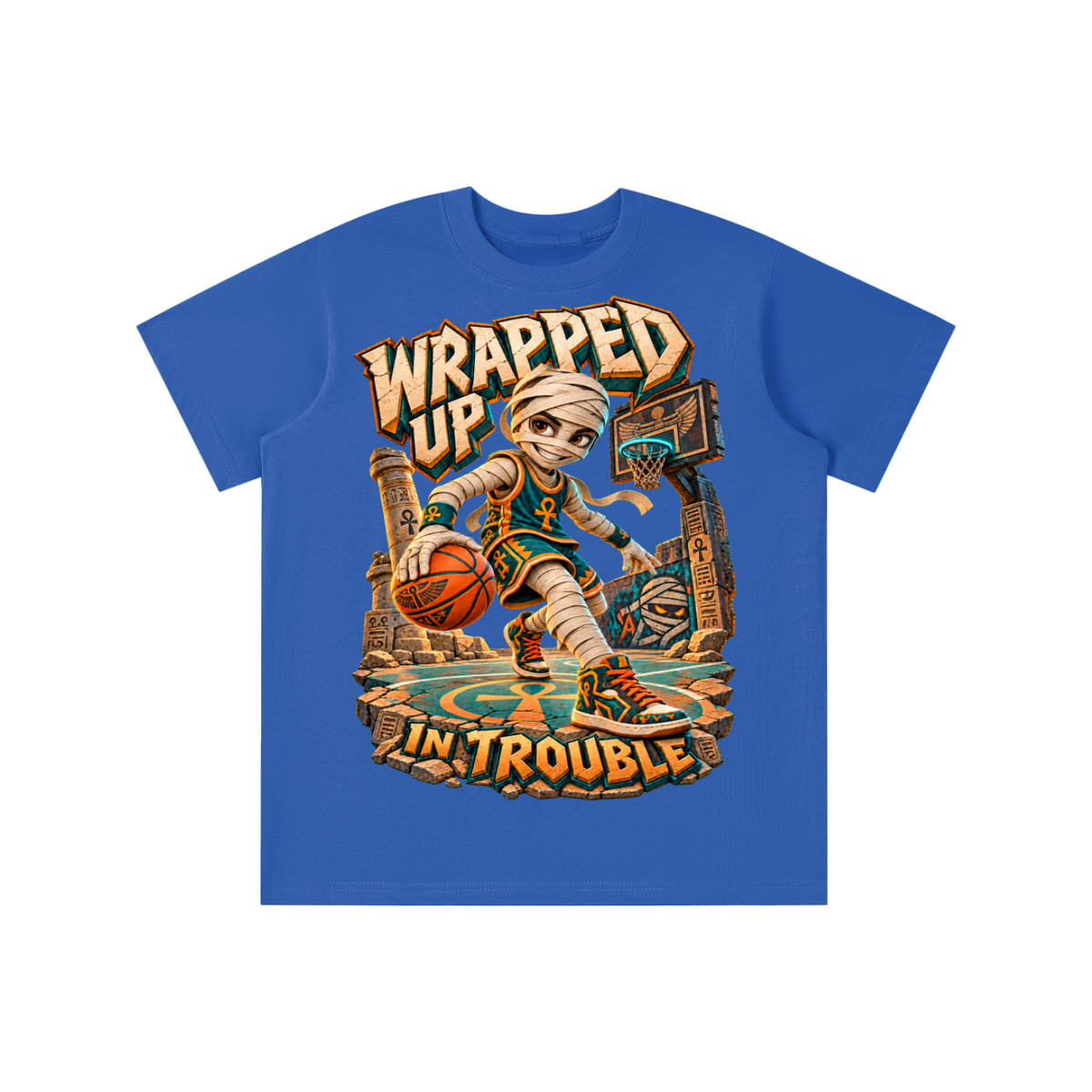 Halloween Mummy Basketball Graphic T-Shirt - Wrapped Up in Trouble - Youth Unisex Tee