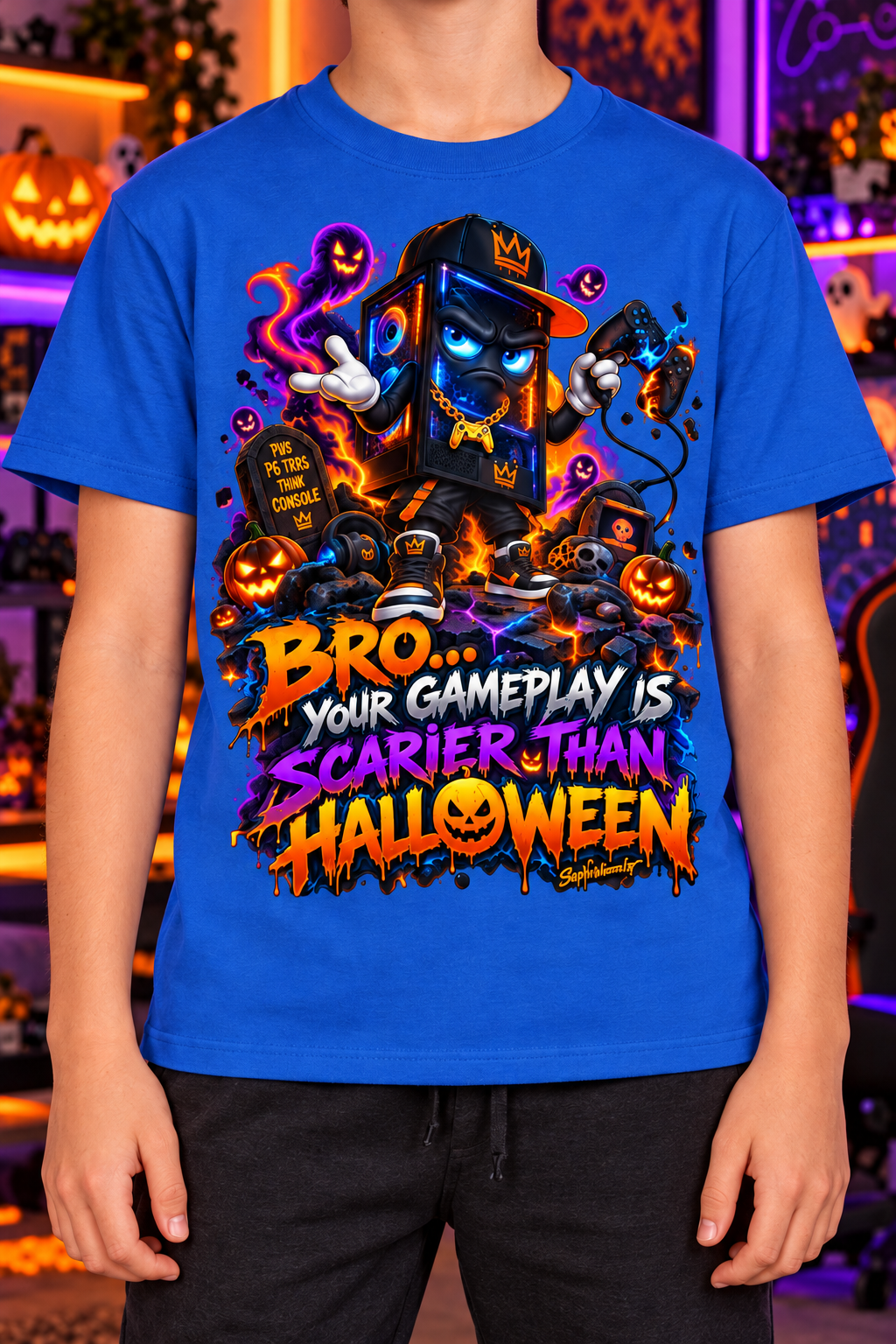 StepYahGameUp™ Halloween Bro Your Gameplay Is Scarier Than Halloween Graphic T-Shirt - Youth Unisex Tee