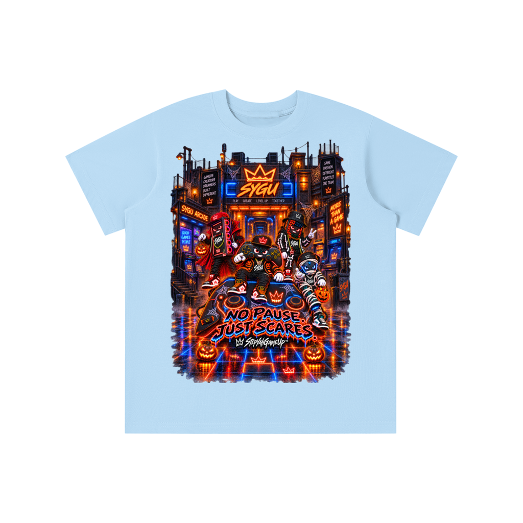 StepYahGameUp™ Halloween Gamer Graphic T-Shirt - No Pause Just Scares - Youth Unisex