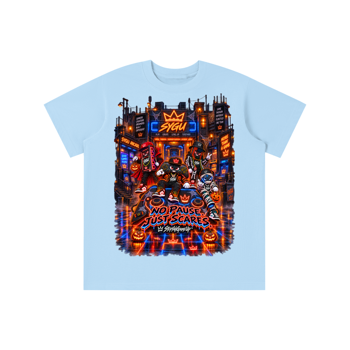 StepYahGameUp™ Halloween Gamer Graphic T-Shirt - No Pause Just Scares - Youth Unisex