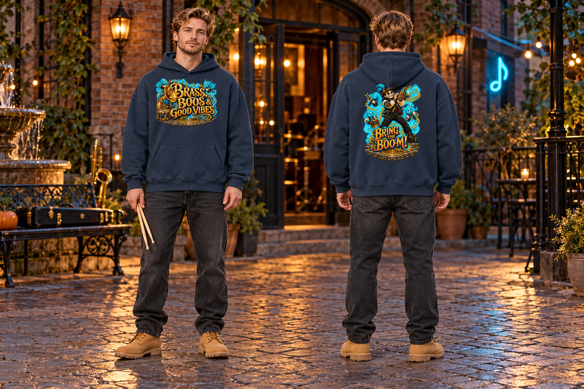 Halloween Brass, Boos & Good Vibes Front & Back Graphic Hoodie - Bring the Boom - Unisex