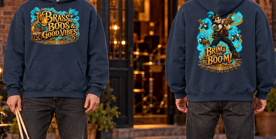 Halloween Brass, Boos & Good Vibes Front & Back Graphic Hoodie - Bring the Boom - Unisex