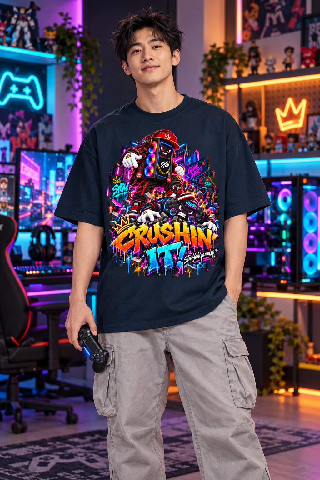 StepYahGameUp™ Crushin’ It PC & Controller Oversized Graphic T-Shirt - Unisex