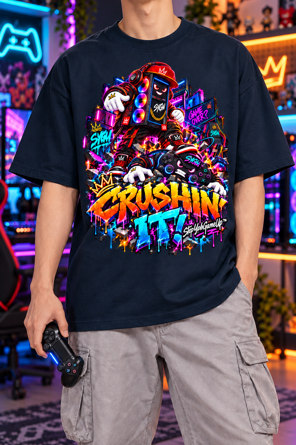 StepYahGameUp™ Crushin’ It PC & Controller Oversized Graphic T-Shirt - Unisex