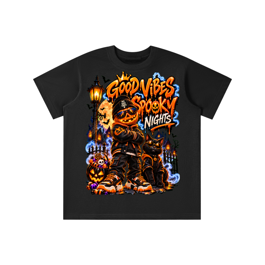 Halloween Pumpkin Kid Graphic T-Shirt - Good Vibes Spooky Nights - Youth Unisex Tee
