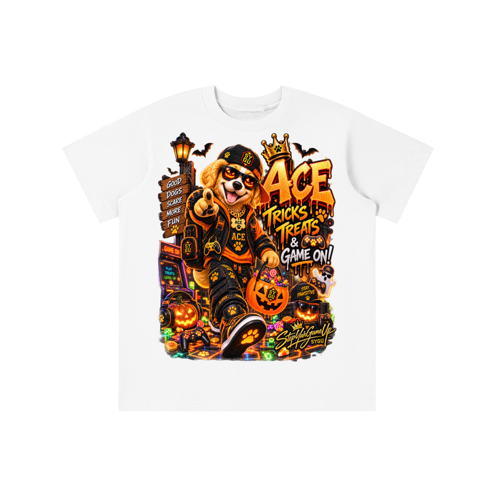 StepYahGameUp Halloween Gamer Dog Graphic T-Shirt - Tricks & Treats, Game On! - Youth Unisex Tee