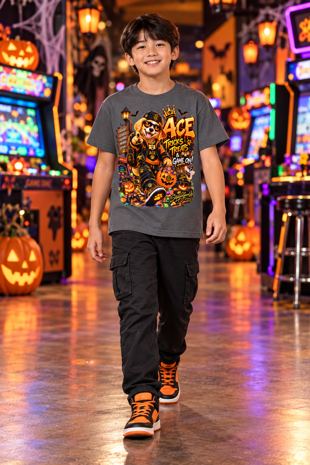 StepYahGameUp Halloween Gamer Dog Graphic T-Shirt - Tricks & Treats, Game On! - Youth Unisex Tee