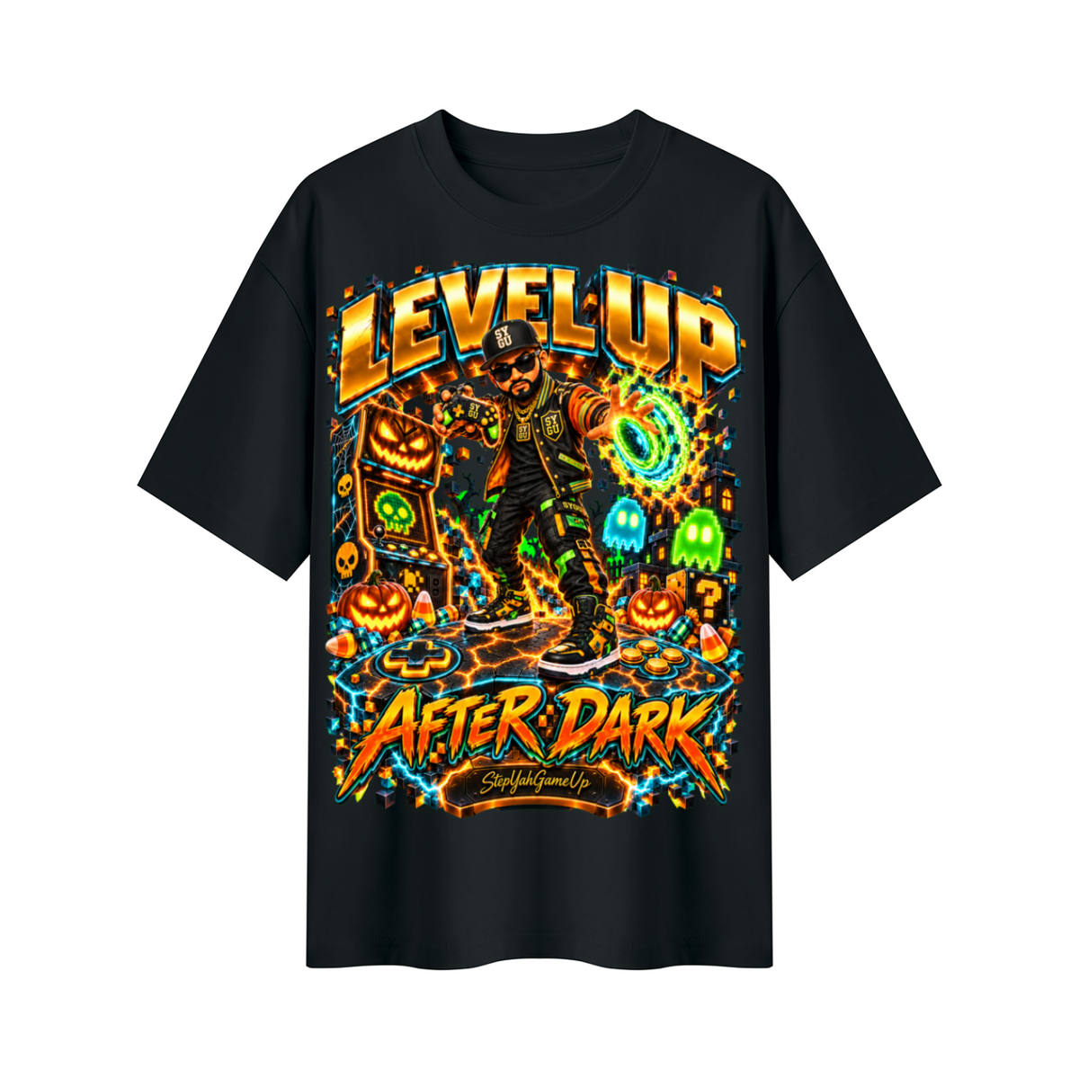 StepYahGameUp Halloween Arcade Gamer Oversized Graphic T-Shirt - Level Up After Dark - Unisex