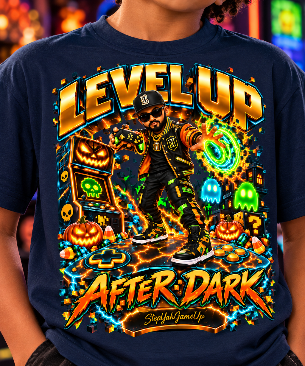 StepYahGameUp Halloween Arcade Gamer Graphic T-Shirt - Level Up After Dark - Youth Unisex Tee