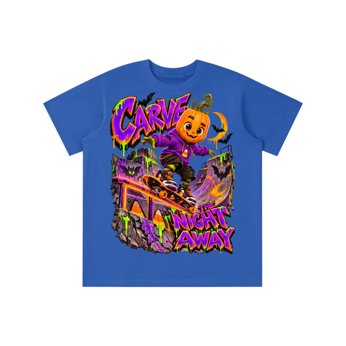 Halloween Pumpkin Skateboarder Graphic T-Shirt - Carve the Night Away - Youth Unisex Tee