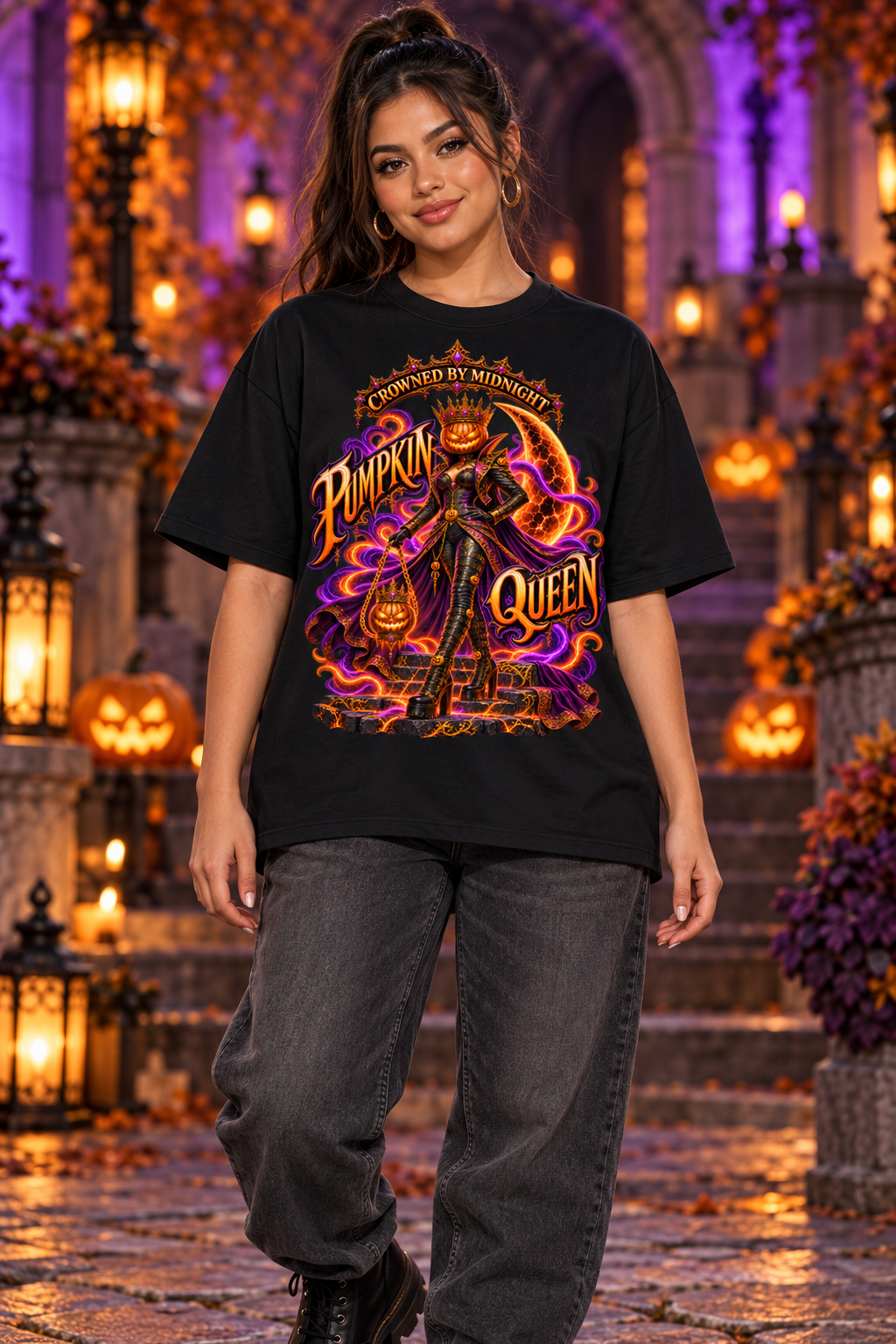 Halloween Pumpkin Queen Oversized Graphic T-Shirt - Crowned by Midnight - Unisex