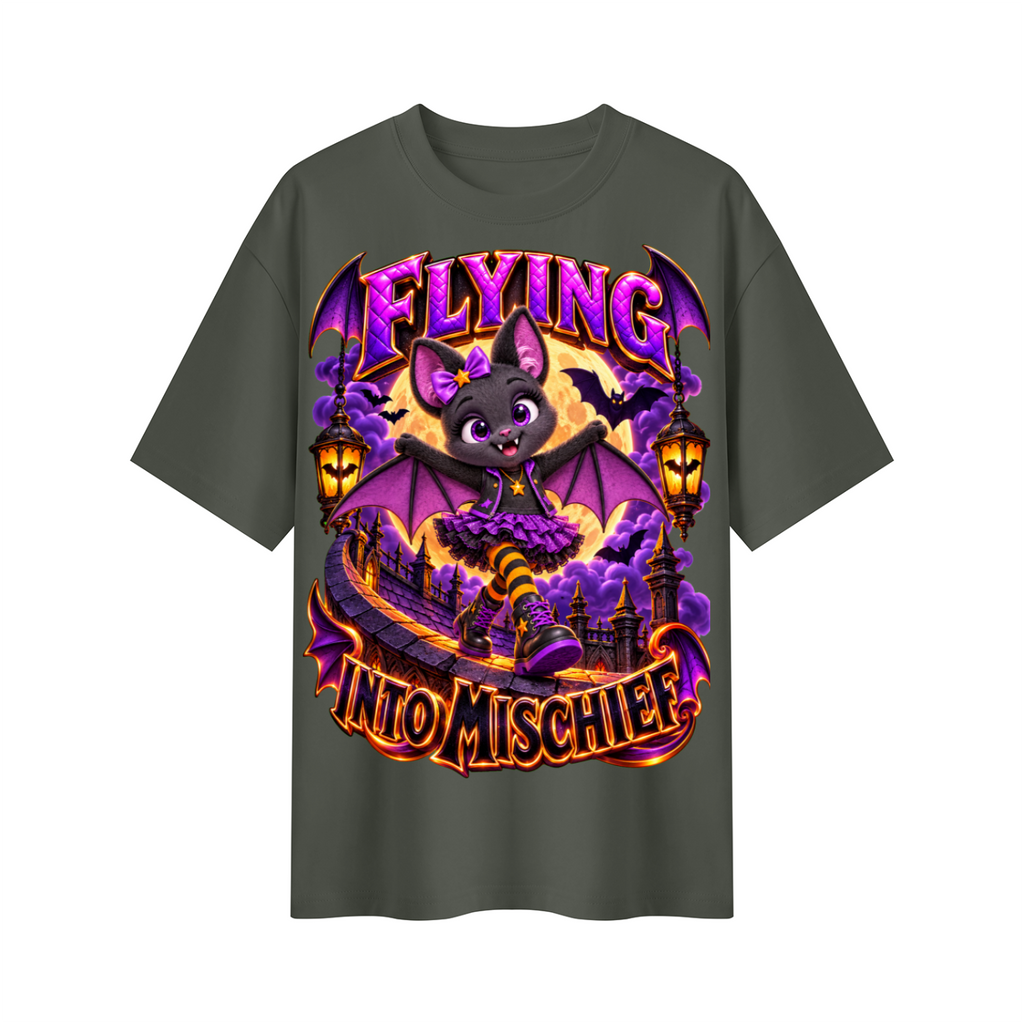 Halloween Bat Girl Oversized Graphic T-Shirt - Flying Into Mischief - Unisex
