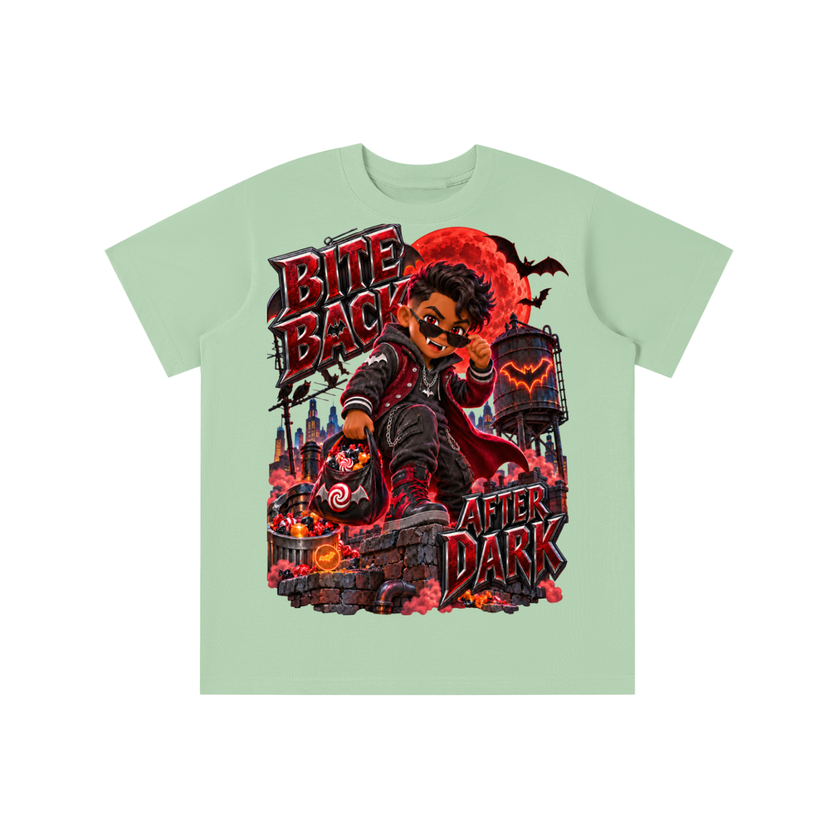Halloween Vampire Kid Graphic T-Shirt - Bite Back After Dark - Youth Unisex Tee