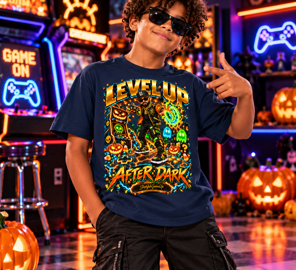 StepYahGameUp Halloween Arcade Gamer Graphic T-Shirt - Level Up After Dark - Youth Unisex Tee