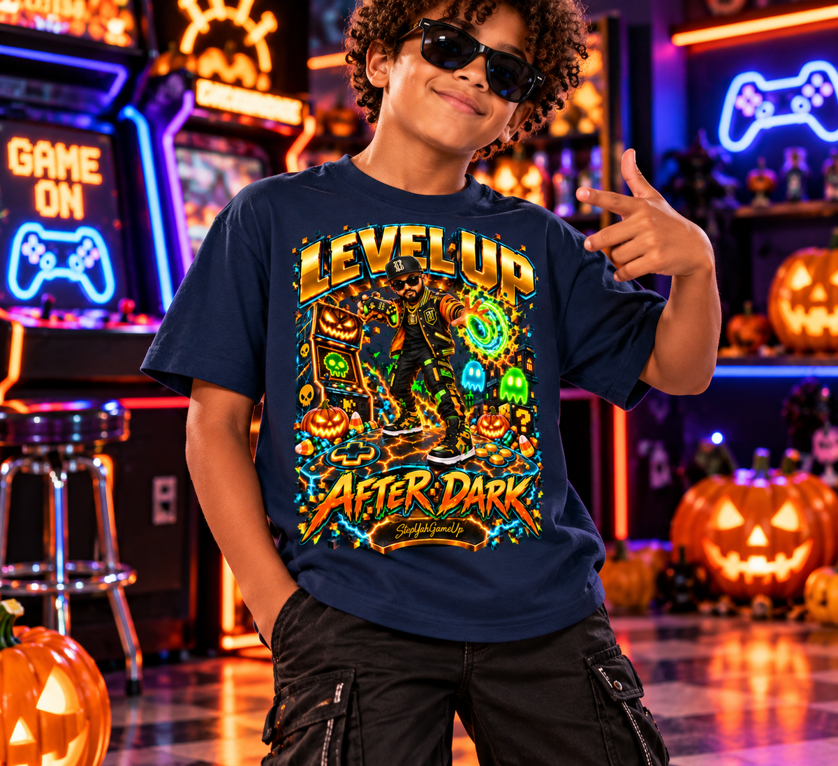 StepYahGameUp Halloween Arcade Gamer Graphic T-Shirt - Level Up After Dark - Youth Unisex Tee