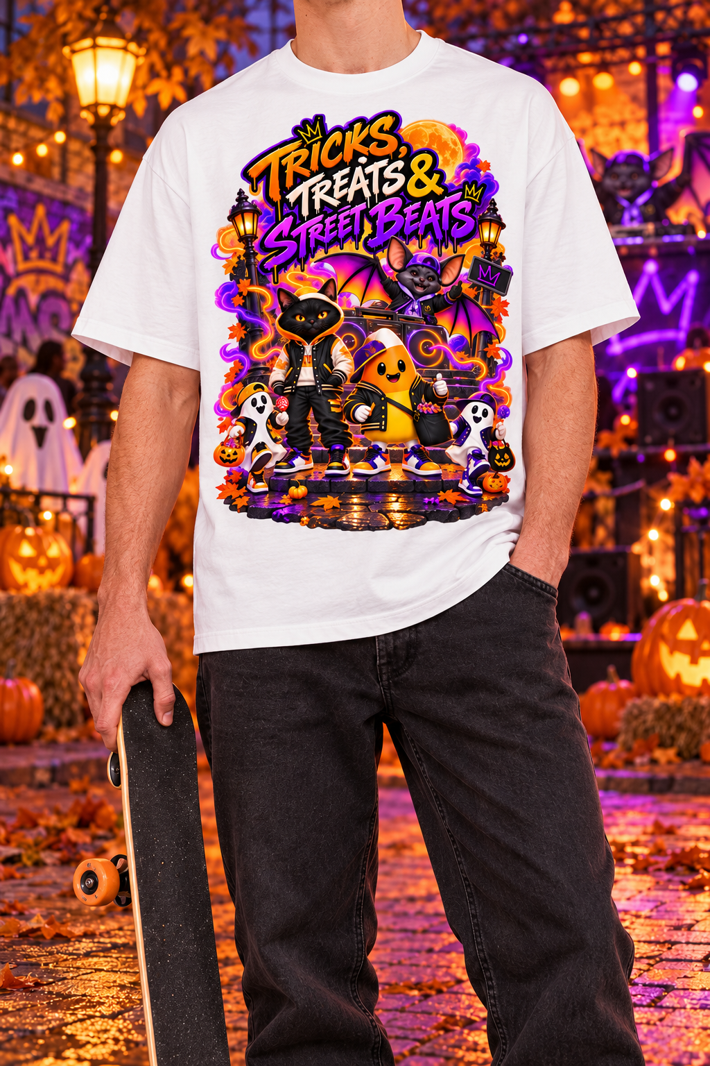 Halloween Tricks, Treats & Street Beats Oversized Graphic T-Shirt - Unisex
