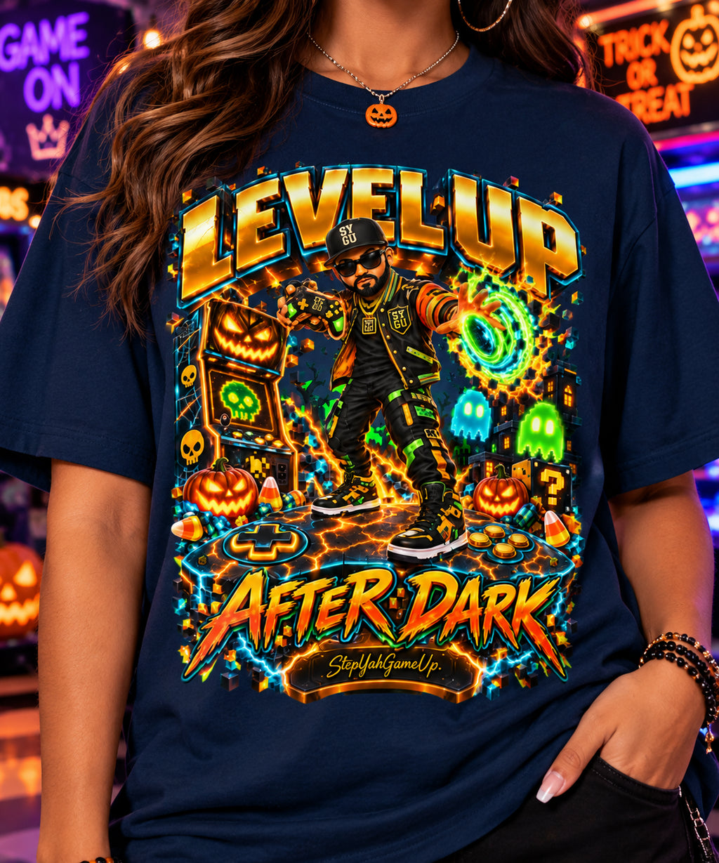 StepYahGameUp Halloween Arcade Gamer Oversized Graphic T-Shirt - Level Up After Dark - Unisex