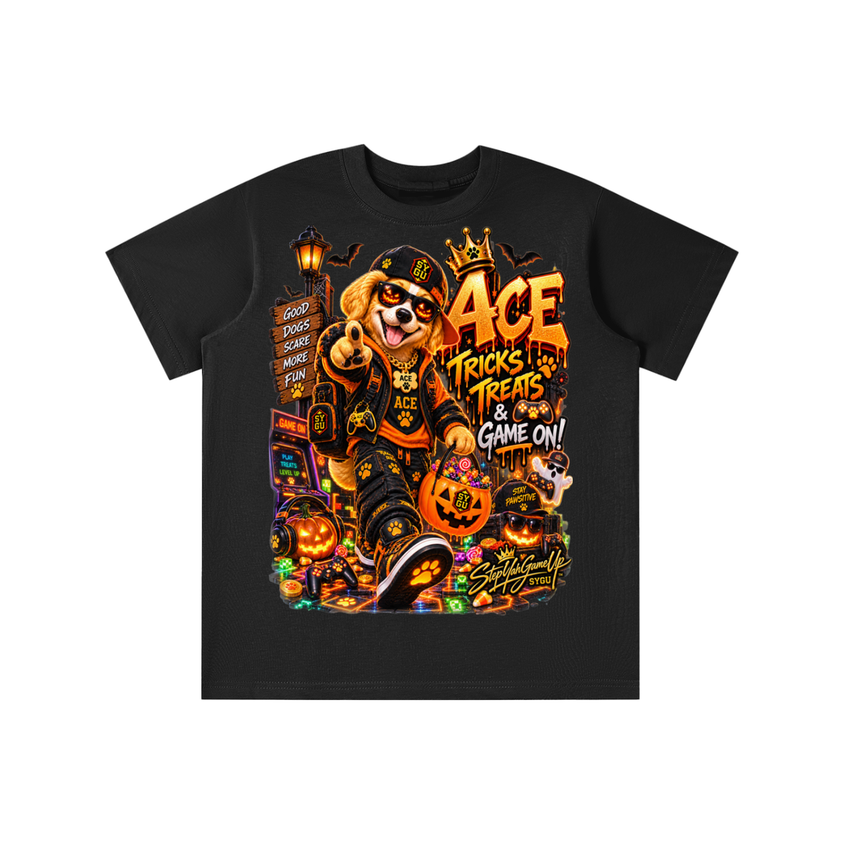StepYahGameUp Halloween Gamer Dog Graphic T-Shirt - Tricks & Treats, Game On! - Youth Unisex Tee