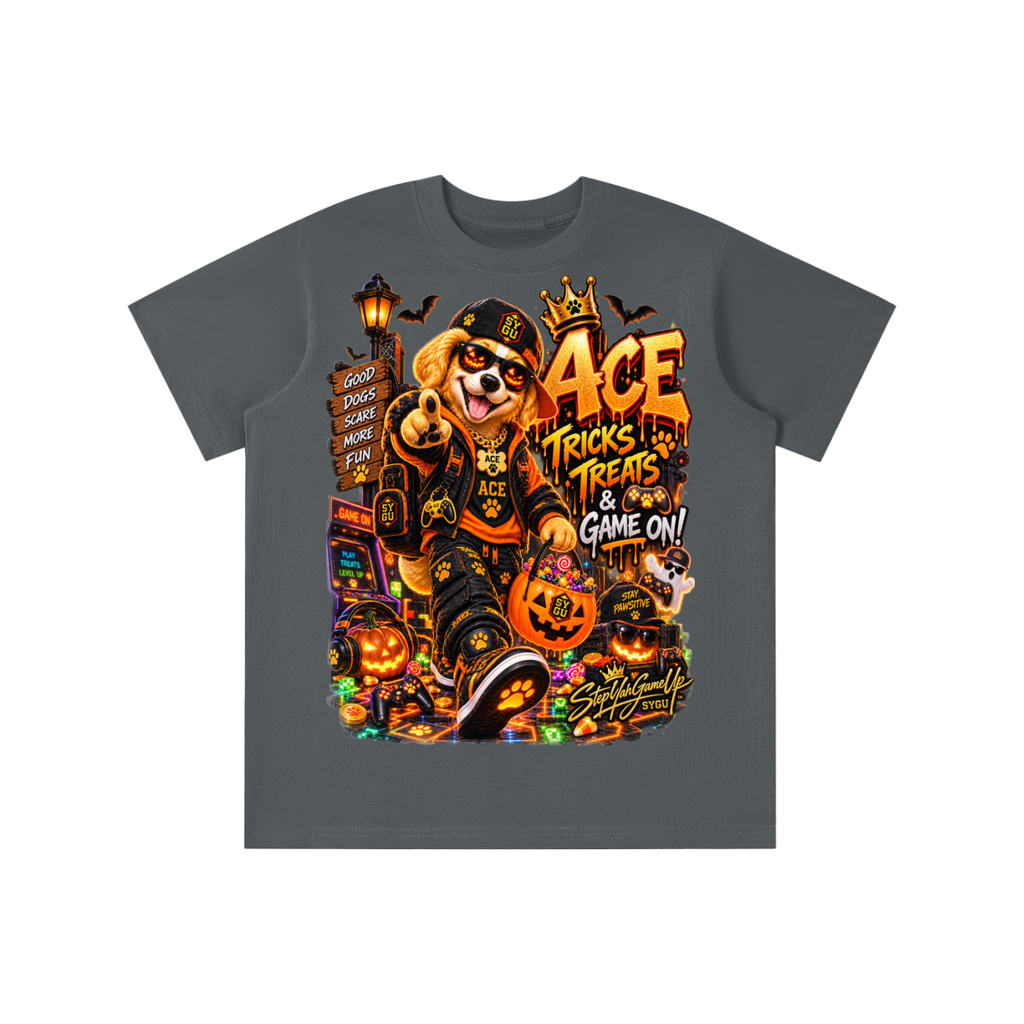 StepYahGameUp Halloween Gamer Dog Graphic T-Shirt - Tricks & Treats, Game On! - Youth Unisex Tee