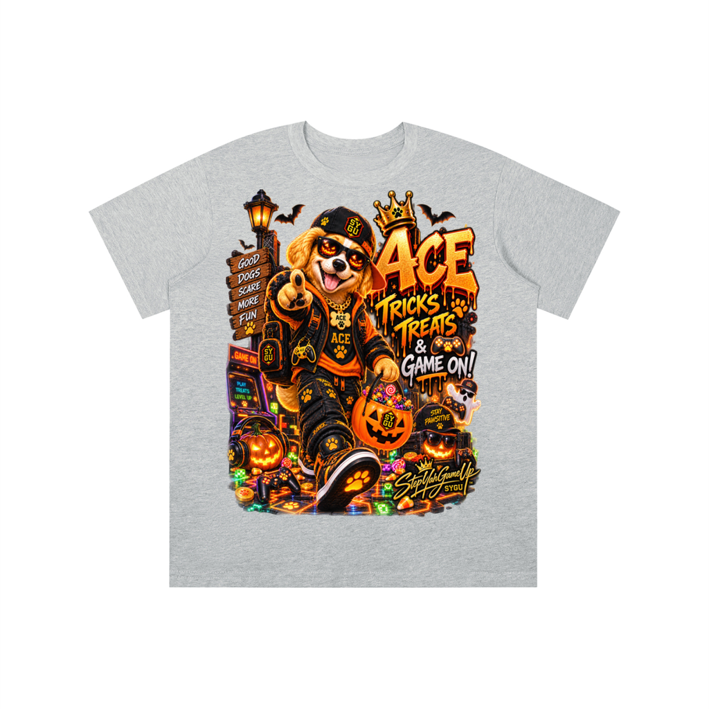 StepYahGameUp Halloween Gamer Dog Graphic T-Shirt - Tricks & Treats, Game On! - Youth Unisex Tee