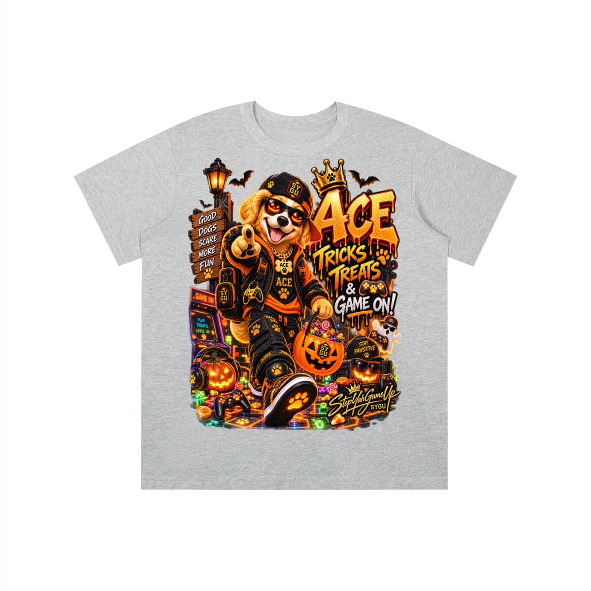 StepYahGameUp Halloween Gamer Dog Graphic T-Shirt - Tricks & Treats, Game On! - Youth Unisex Tee