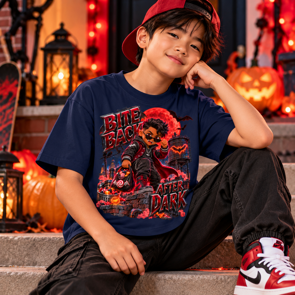 Halloween Vampire Kid Graphic T-Shirt - Bite Back After Dark - Youth Unisex Tee