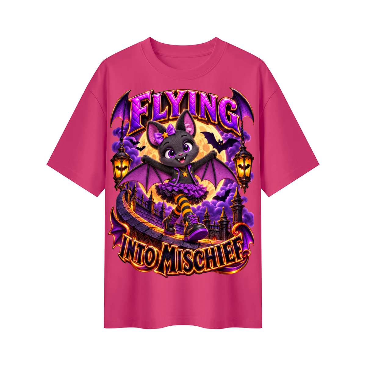 Halloween Bat Girl Oversized Graphic T-Shirt - Flying Into Mischief - Unisex
