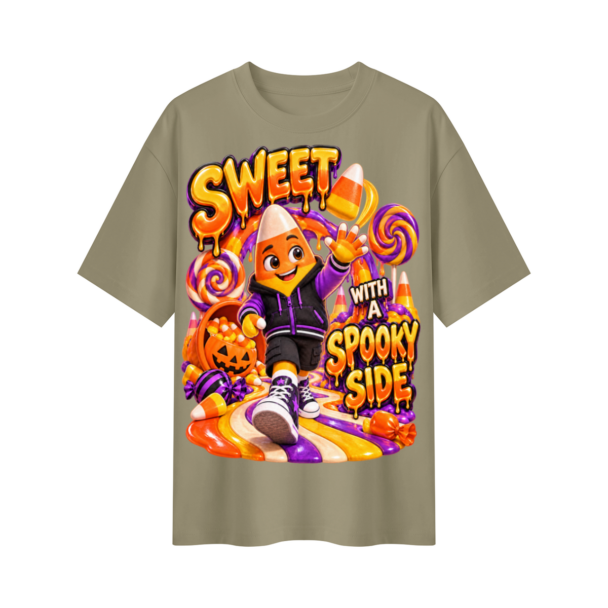 Halloween Candy Corn Oversized Graphic T-Shirt - Sweet With a Spooky Side - Unisex