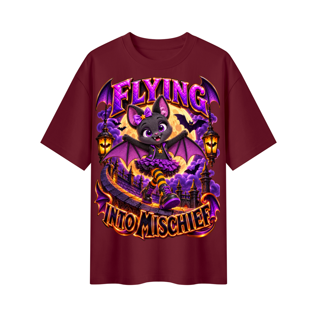 Halloween Bat Girl Oversized Graphic T-Shirt - Flying Into Mischief - Unisex