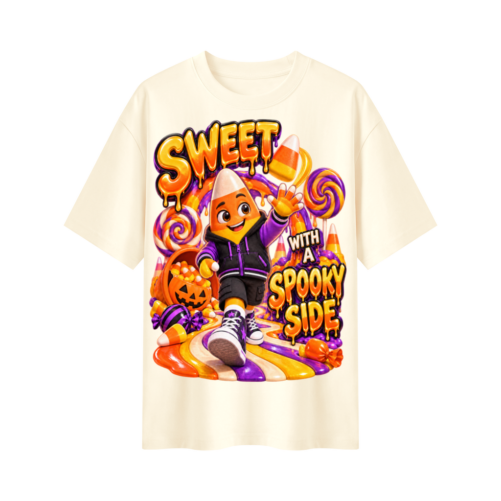 Halloween Candy Corn Oversized Graphic T-Shirt - Sweet With a Spooky Side - Unisex